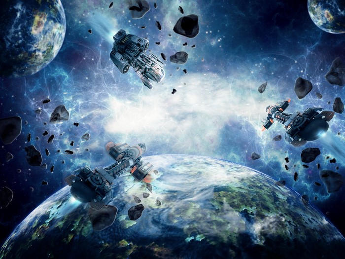 Spaceships and planets in space with asteroids