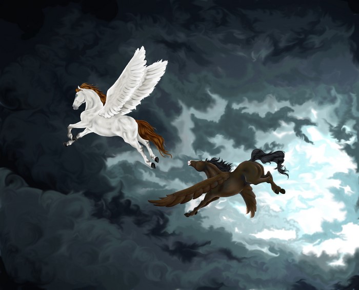 Two Pegasi flying through stormy clouds
