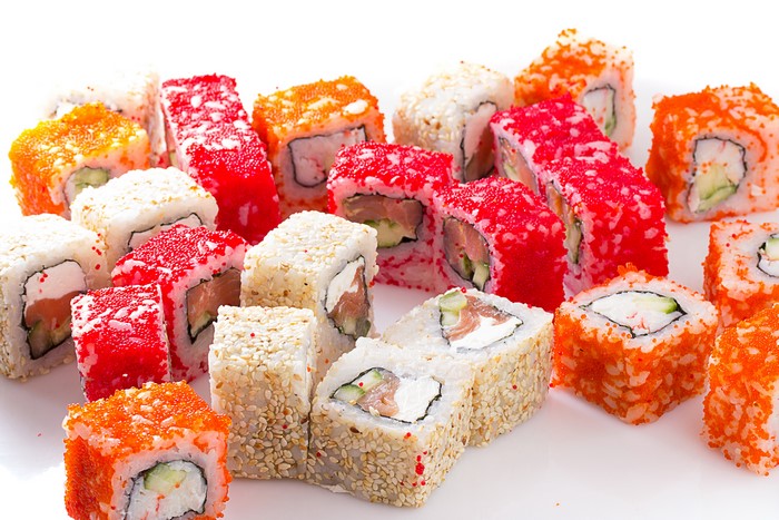 Assortment of Sushi Rolls with Caviar and Sesame Seeds