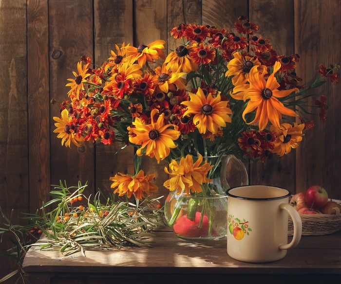 Still-life with Zinnias, Apples, and a Mug