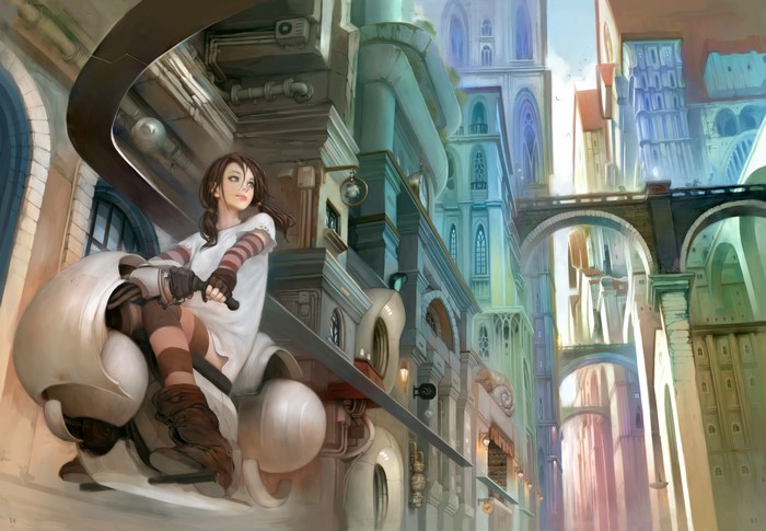 Girl on a futuristic vehicle in a fantasy city