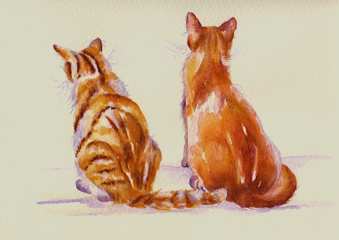 Two ginger cats painted from behind