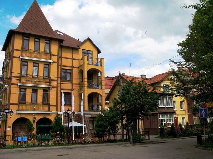 Yellow buildings on a street in Zelenogradsk, Kaliningrad Oblast, Russia