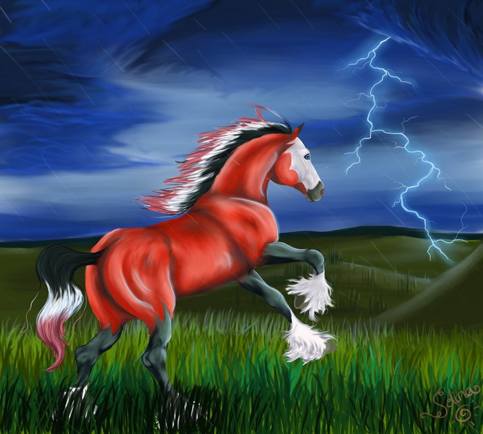 Red horse in a stormy field with lightning