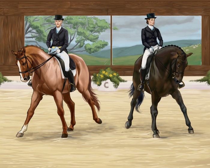 Two women on horses in an equestrian sport