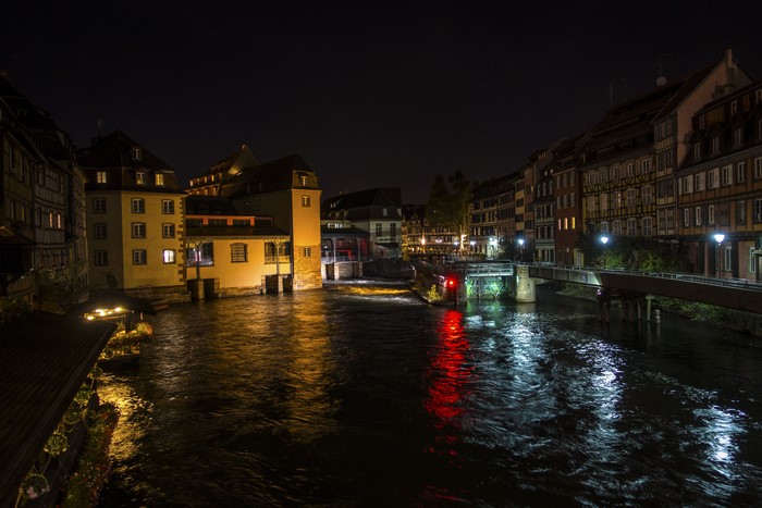 Strasbourg at Night with River and Houses