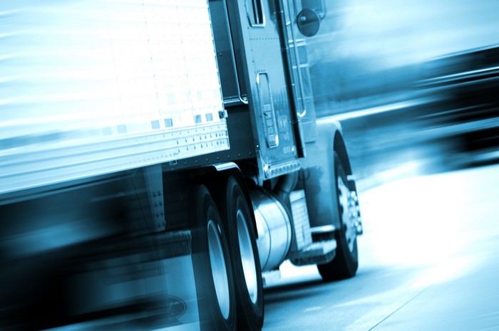 Truck in motion, closeup