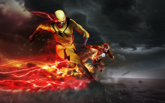 Reverse-Flash and Flash running in a storm