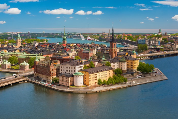 Stockholm waterfront with Riddarholmen Gamla stan and bridges