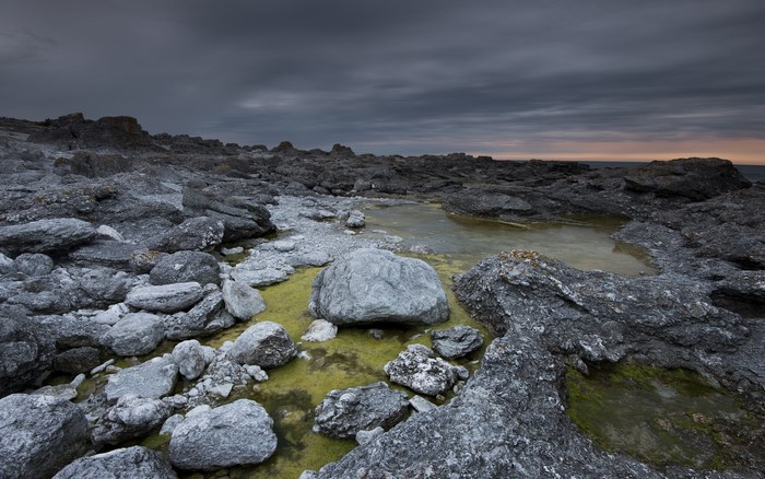 Rocky Shoreline with Puddles Under Cloudy Sky