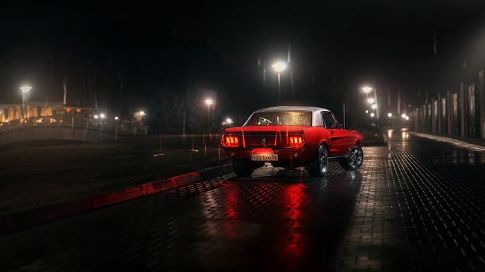 1967 Ford Mustang in the rain at night