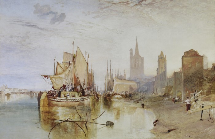 Ships in a harbor with a city skyline
