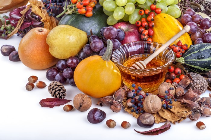Autumn Harvest Fruit, Vegetables, Nuts, and Honey