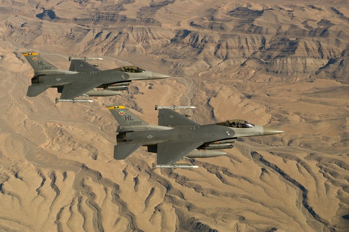 Two F-16 Fighting Falcon fighter jets in flight