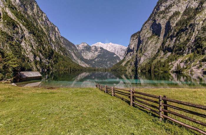 Lake Konigssee with Mountains and Boathouse, Bavaria, Germany