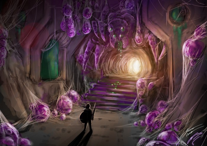 Warrior in a spider-infested cave with glowing eggs