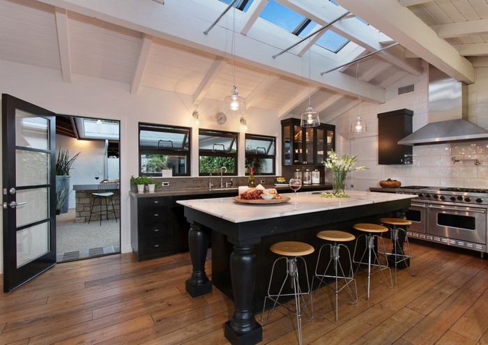 Kitchen with Island and Skylights