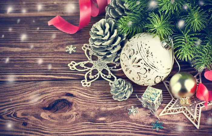 Christmas Decorations on Wooden Background