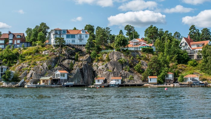 Houses on a rocky coast in Nacka, Sweden