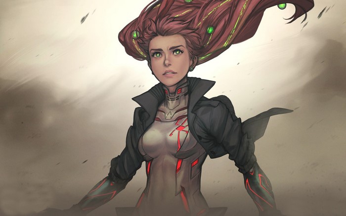 Woman with red hair and cybernetic suit