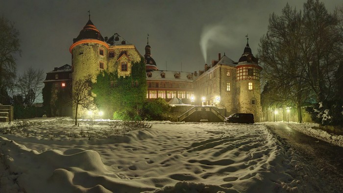 Laubach Castle in Germany during winter at night