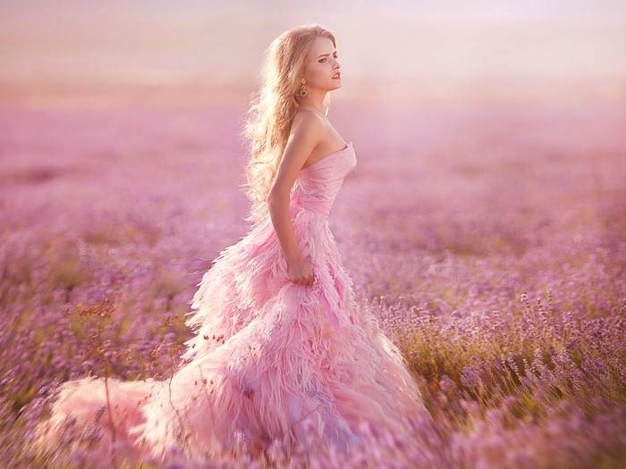 Blonde Girl in Pink Dress in Lavender Field