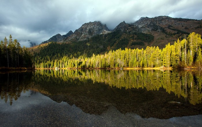 Lake and Mountains with Forest Reflection