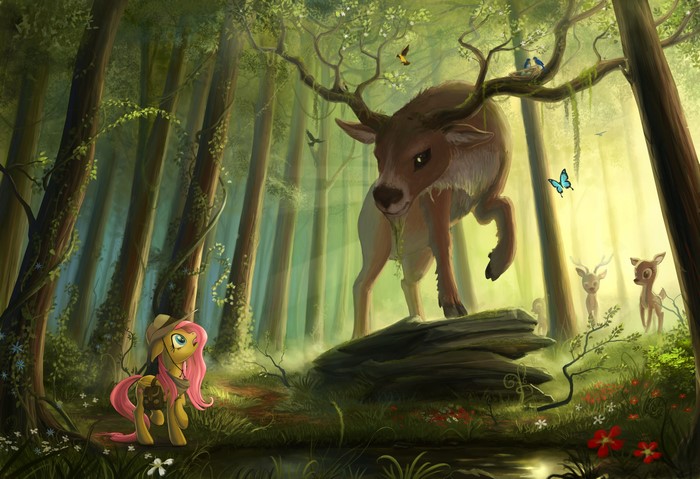 Fluttershy from My Little Pony and a giant deer in a forest