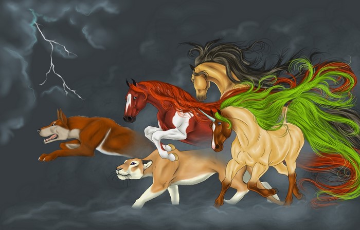 Four horses, a dog, and a lion running under lightning