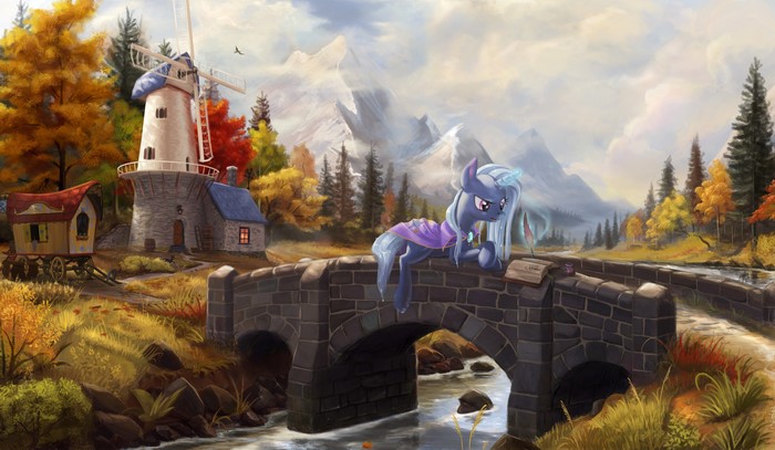 Lyra Heartstrings from My Little Pony on a bridge near a windmill