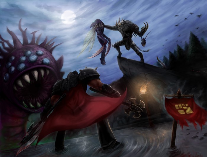 Monsters and Warriors in Battle from League of Legends