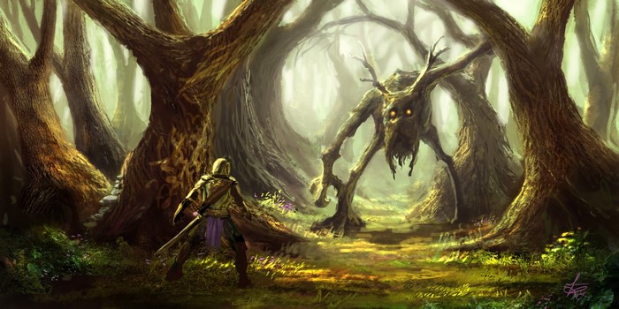 Warrior confronts a monster in a dark forest