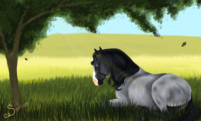 Painting of a horse resting under a tree