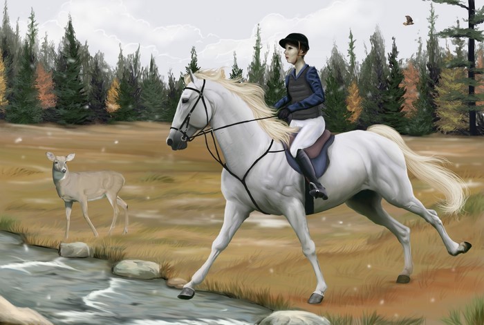 Painting of a girl riding a white horse with a deer