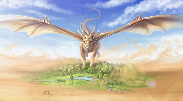 Dragon flying over a green island in a desert