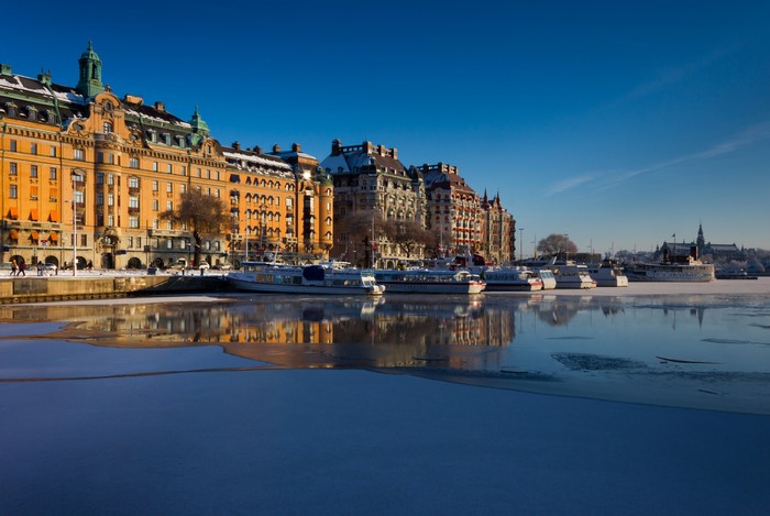 Stockholm waterfront with buildings and ships in winter