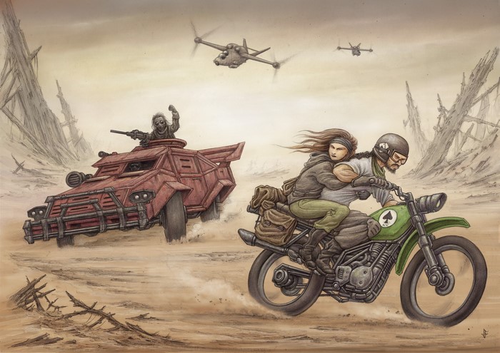 Post-apocalyptic couple on a motorcycle pursued by a vehicle and drones