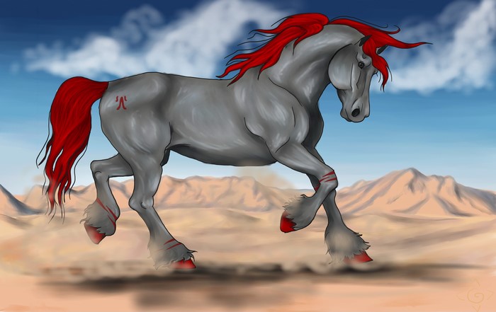 Gray horse with red mane and tail running in desert