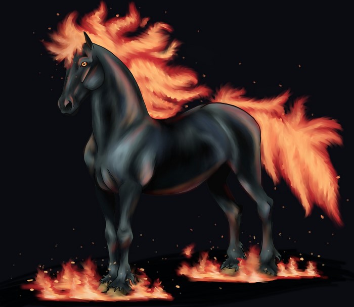Black horse with fiery mane and tail standing in flames