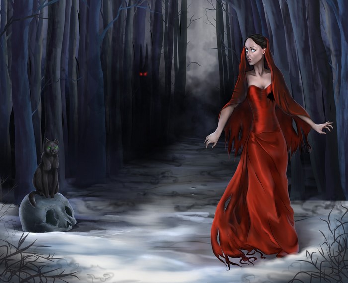 Woman in red dress in dark forest with cat and skull