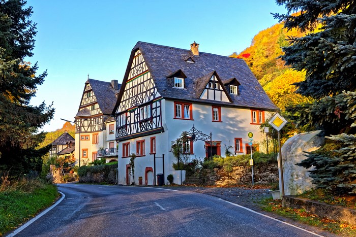 Half-timbered houses along a road in Traben-Trarbach, Germany