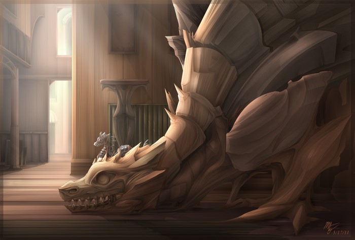 Wooden Dragon Sculpture with Small Figures