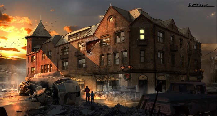 Post-apocalyptic city street with damaged building and helicopter wreckage