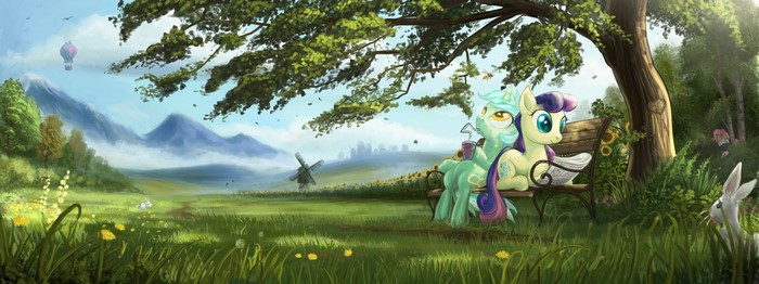 My Little Pony characters relaxing on a bench in a meadow