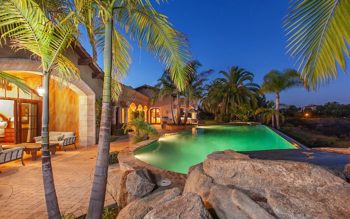 Luxury Villa with Infinity Pool and Palm Trees at Dusk