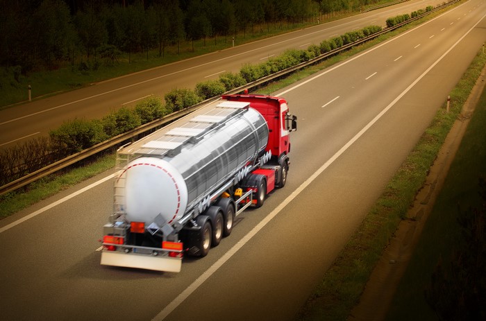 Red Tanker Truck on Highway