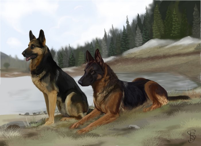 Two German Shepherds in a Natural Landscape Painting