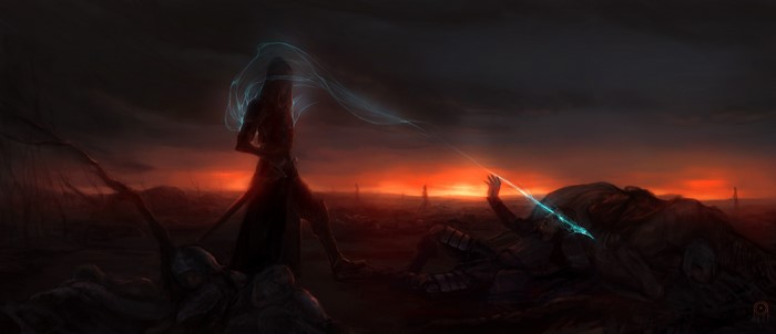 Warriors fighting with magic at night