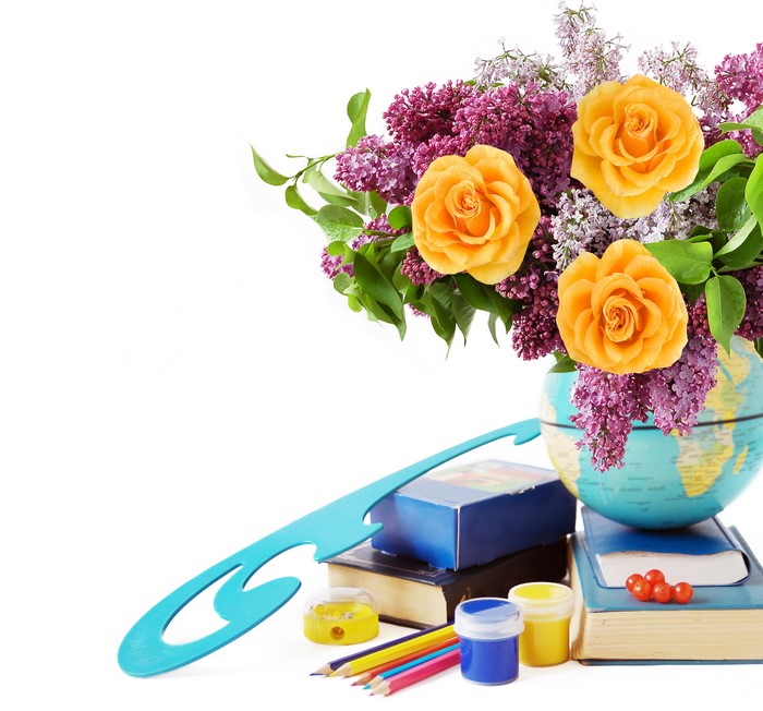 Roses and Lilacs in a Globe vase with School Supplies