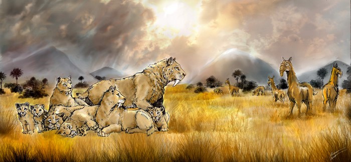 Smilodon family and ancient animals in a painting